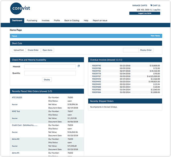 Magento-SAP Integration | Customer dashboard | Corevist, Inc.